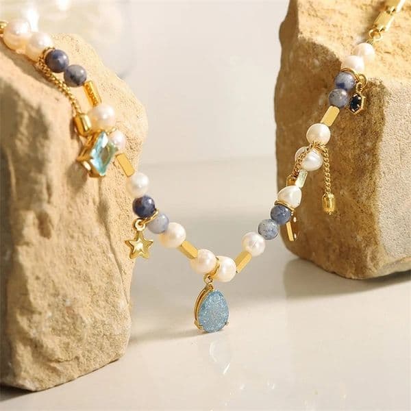 Multi Material Combine Stainless Steel Necklace For Women Womens Natural Stone Freshwater Pearl Beads Crystal Pendant Necklaces 250224