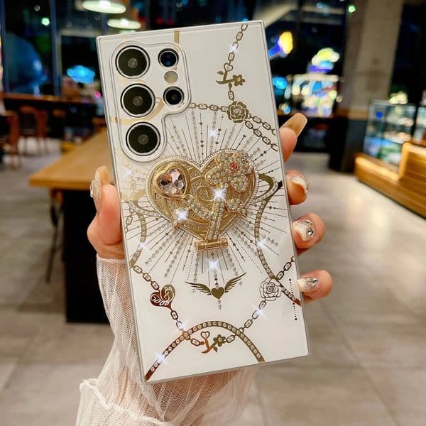 Shiny Glitter Rhinestone Love Phone Case for Samsung Galaxy S25 Ultra S24 S23 Plus Holder Crystal Chain Strap Cover Charm