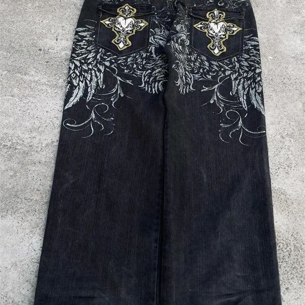 Gothic Retro American Y2K Cross Embroidery Patchwork Baggy Jeans Men Streetwear Casual Straight Wide-leg Pants Couple Jeans 250213
