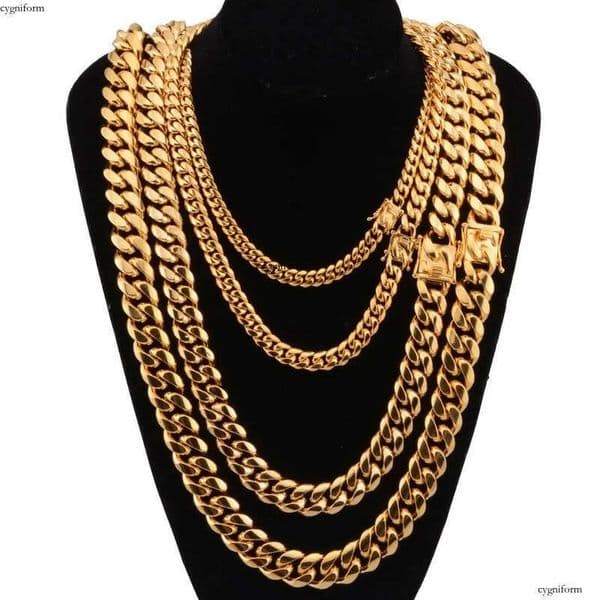Moissanite jewelry Gold Miami Cuban Link Chain Necklace Men Hip Hop Stainless Steel Jewelry Necklaces Free door-to-door delivery