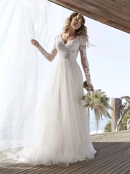 Boho Long Sleeves A-line Wedding Dresses For Women Corset Low Back Floor Length Lace Appliques Tulle Bridal Gown Customized