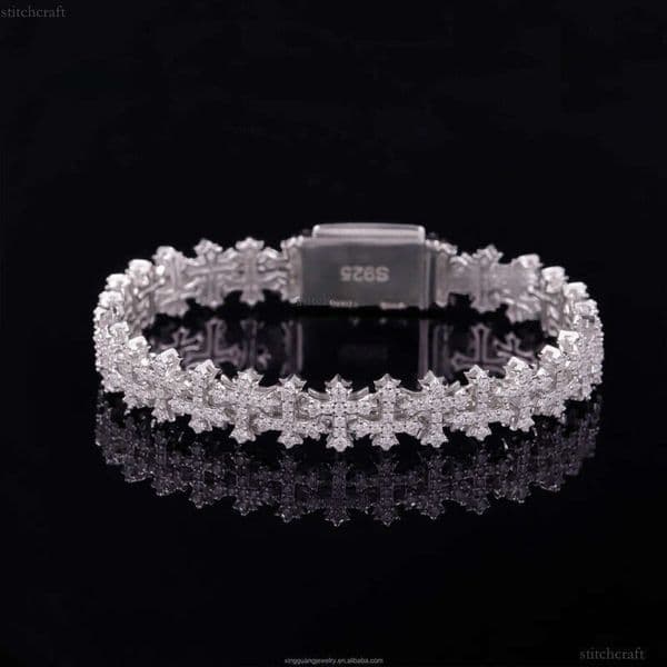 New Design Sterling Sier Gold Plated Link Bracelets Iced Out Vvs Moissanite Full Dia Cross Chain Bracelet