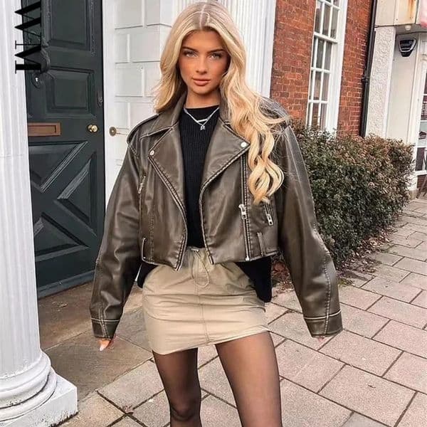 TRAF Women Oversized Vintage Loose Pu Faux Leather Short Jacket with Belt Streetwear Female Zipper Retro Moto Biker Coat Outwear 240110