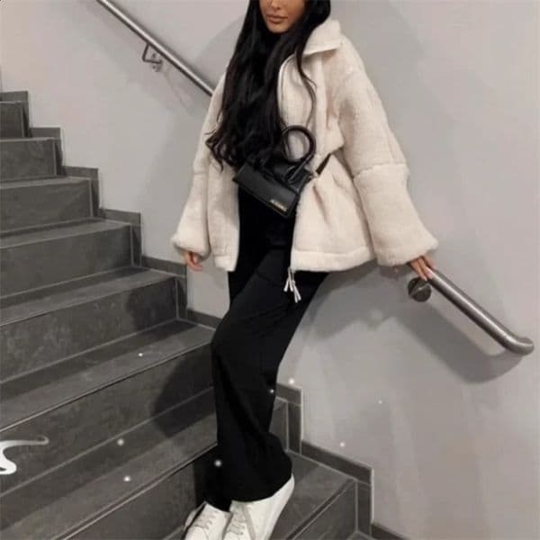 European and American style winter double-pull stand collar loose lazy style sherpa jacket 241227