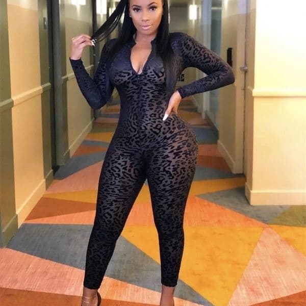 BKLD Womens Jumpsuits Autumn Black Long Sleeve Leopard Print Bodysuits Club Mesh Zipper V Neck See Through Sexy Jumpsuit 250117