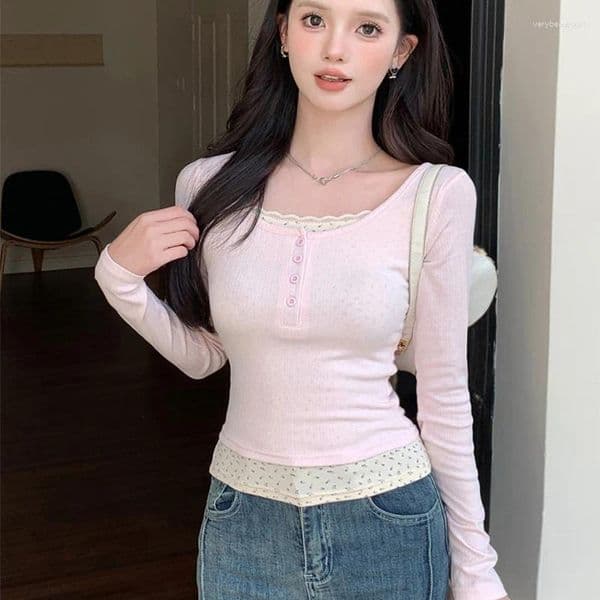 Women's Blouses Fake Two Piece Lace Patchwork Top Women Autumn Sweet Style O-Neck Button Knitted Base Layer Elastic Casual Streetwear Shirts