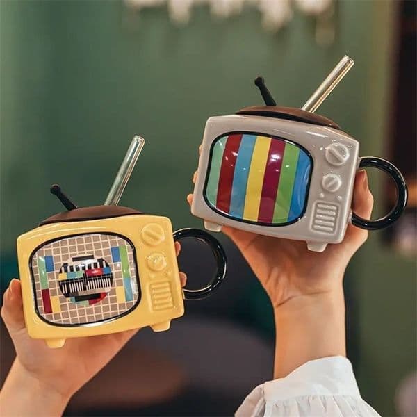 Creative Retro 3D Television Ceramic Coffee Mugs TV Shape Milk Beer Mugs with Cover Household Cup Exquisite Drinking Drinkware 250610