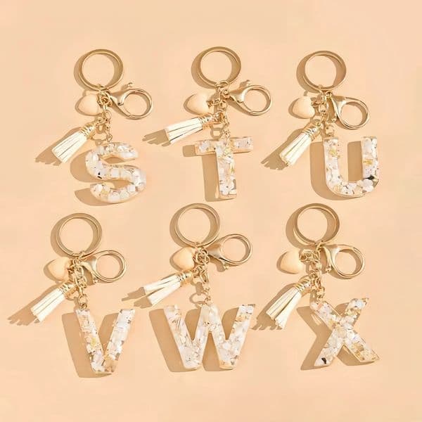 Chic Apricot Heart Tassel Letter Keychain White AZ Initial Letter Charm Keyring for Women Bag Ornaments Car Trinket Accessories 250911BJ