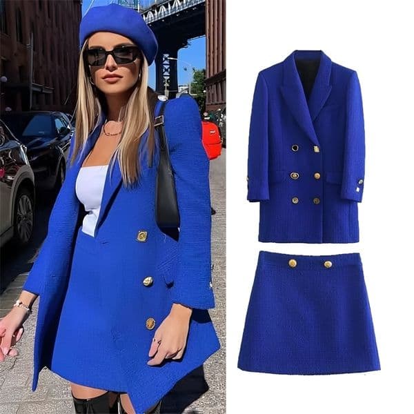 Two Piece Dress Autumn Women Blue Lapel Doublebreasted Long Suit Jacket Textured Skirt Fashion Temperament Twopiece Autumn Casual Suit Skirt 230320