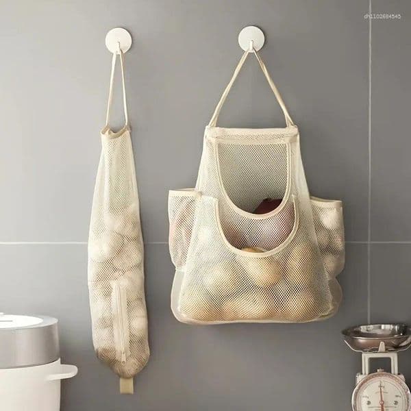 Storage Boxes 1pc Wall-mounted Mesh Bag - Durable Polyester Hanging Organizer With Tie Straps Perfect For Kitchen And Bathroom