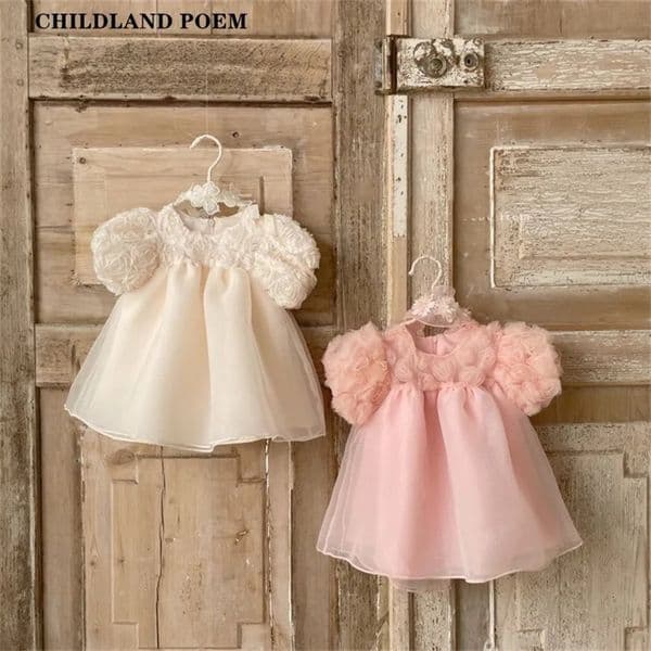 First Birthday Party Baby Dress Summer Princess Year Baby Girl Dress Flower Puff Sleeves Preschool Dress 240704bj
