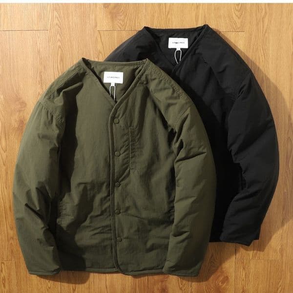 Collarless Cotton Padded Jacket for Men Dark Grid Windproof Workwear Layered Vneck Snap Button Cotton Coat for Men 250930