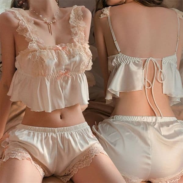 2024 Summer Sexy Lace Sling Sweet Ice Silk Shorts Love Sleepwear Cute Women Wear Sleepwear Set Erotic Open Lingerie Costumes 250625bj