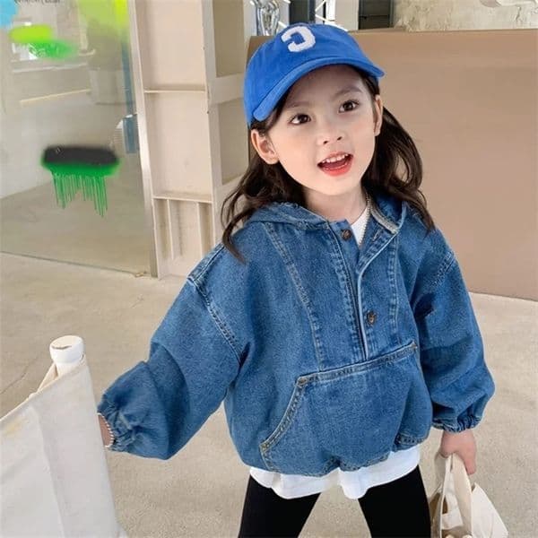 3443C Girl Cowboy Hooded Jacket Autumn Korean Zipper Girls Denim Coat 29Year Kids Outerwear 240125