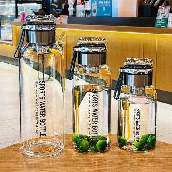 2L Sports Glass Water Bottle 2L Capacity Free Cup Cover with Shoulder Strap Portable Leak-proof Drinking Stainless Steel Lid 250313