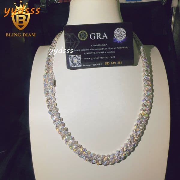 Cuban Link Chain Iced Out Fashion Luxury Hip Hop VVS Miossanite Diamond 12mm Sterling Silver 925 Miami Cuban Link Chain Necklace