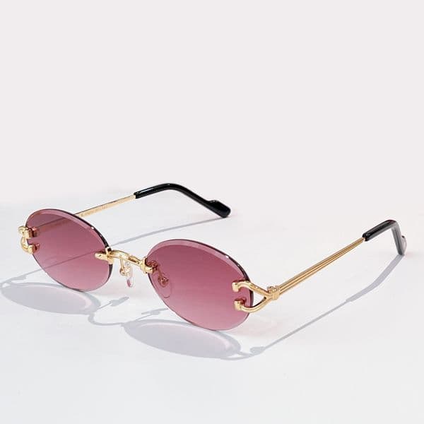 Round Sunglasses Rimless Gold Temple/Purple Shaded Luxury Designer Shades Stylish Glasses Summer Sunnies UV400 Eye Protection with Case