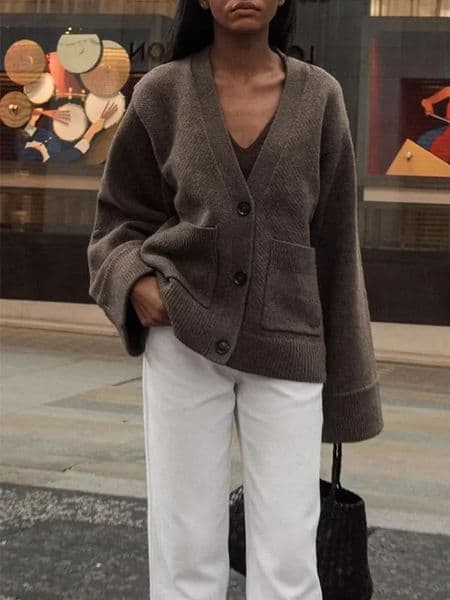 Women Solid Cropped Knitted Cardigan Elegant Vneck Long Sleeve Singlebreasted Pocket Loose Sweater Autumn Lady Street Knitwear 250929