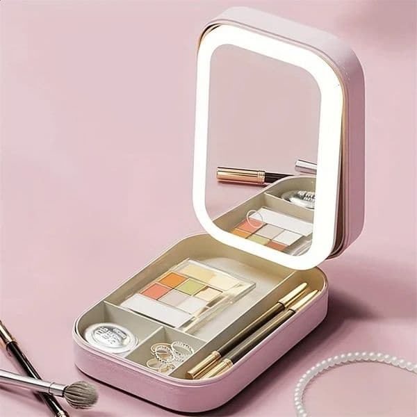 1pc LED Lighted Cosmetic Case with Mirror Waterproof Leather Portable Travel Makeup Storage Bags 241119