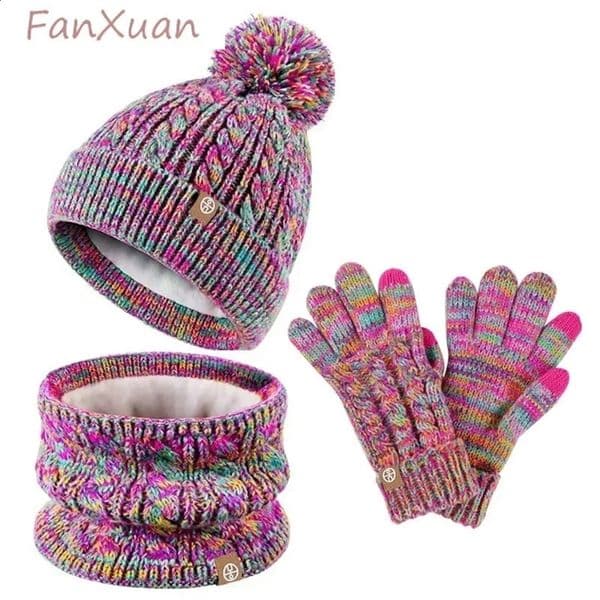 3-Piece Childrens Winter Hat Set Beanies Snood Gloves Childrens Gilr Boys Winter Hat Thick Plush Lining Cute Puff 241105bj