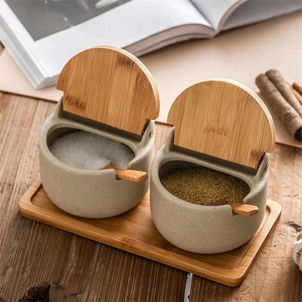 Ceramic Seasoning Jars with Wooden Lid Salt Shakers Kitchen Supplies White Spice Organizer Canister Spoon Set Sugar Box 241223