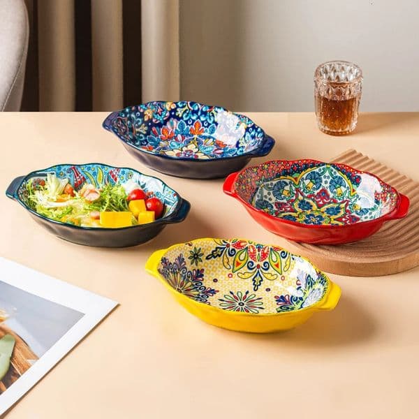 Bohemian Eggshaped Ceramic Baking Pan Pasta Plate Fruit Salad Colorful Combination Set 9 inch 250522
