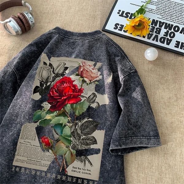 Gothic Washed Tshirts Rose Printed Streetwear Men Tshirt Oneck Oversized Korean Short Sleeve Tops Harajuku Casual Male Tee 240518
