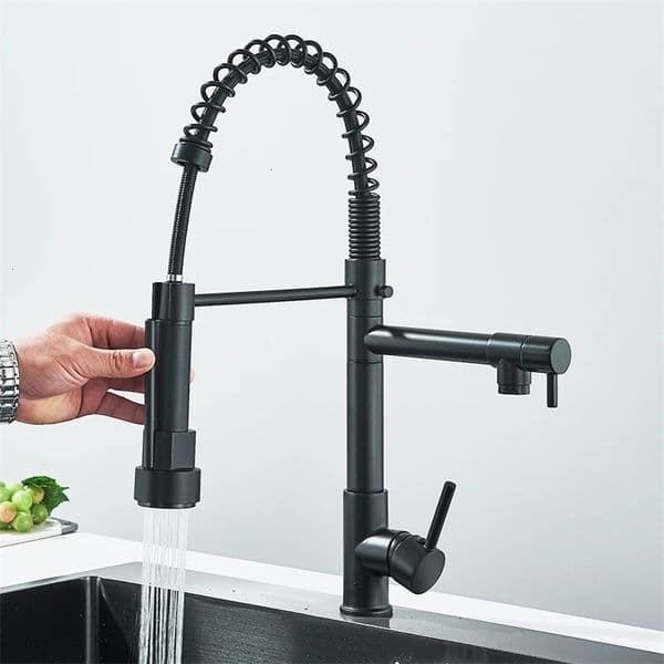 Rozin Black Spring Pull Down Kitchen Sink Faucet Deck Mounted Dual Spout Cold Water Mixer Tap CraneSingle HandleSUS 304 250214