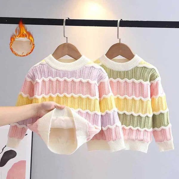 Girls Padded Sweater Winter Warm Jumper Autumn Colorful Rainbow Stripes Pullover Children Knitting ClothingXJ250930