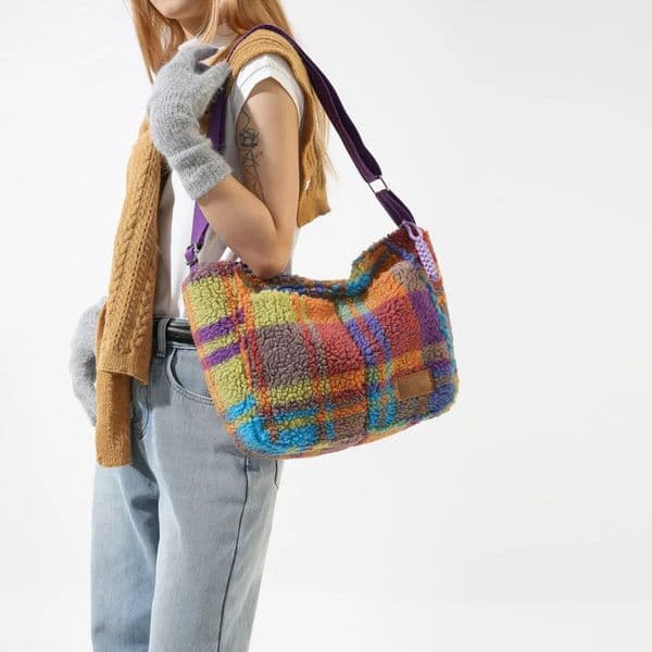 Woolen Cloth Shoulder Bag Korean Style Purses Handbags Plaid Large Capacity Fashion Casual Trend All-match 250102