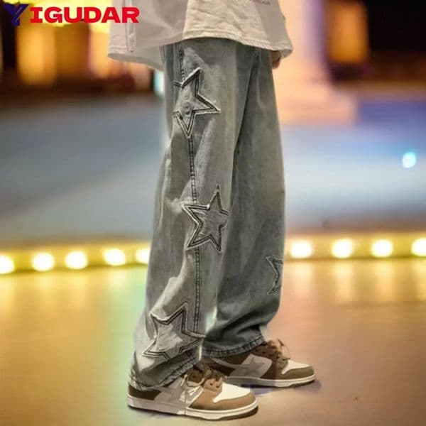 Star Embroidery Straight Casual Men Jeans Gothic Neutral Wide Leg Loose Hip-hop Streetwear Denim Trousers Y2K pants man 241230