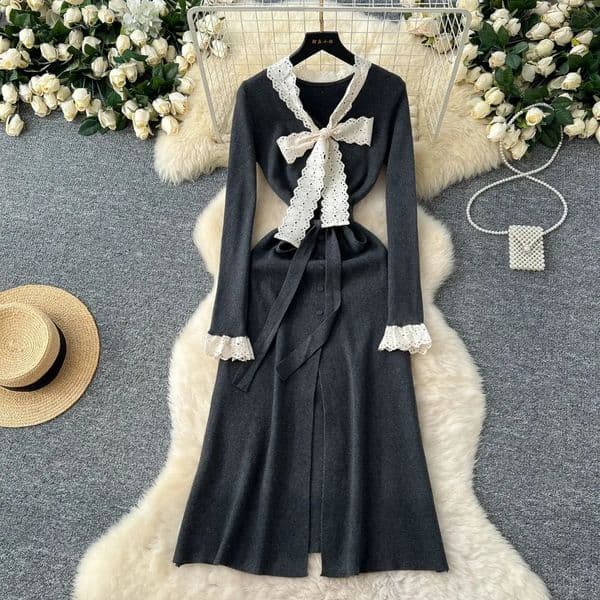 Elegant V-neck hollow bow lace retro long sleeved fashionable patchwork ultra-thin dress French vacation womens clothing 241231