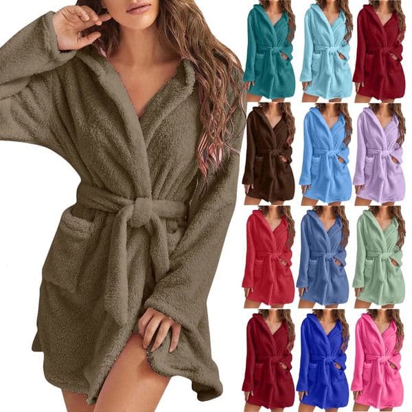 Winter Hooded Fleece Bathrobe For Women Thick Nightgown With Tie Pockets Plush Sleepwear Soft Warm Fleece Robes Kimono Bathrobes 250102BJ
