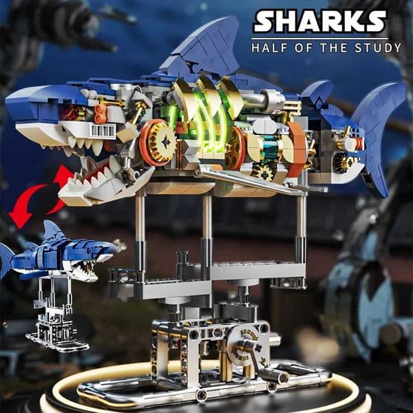 Creative Mechanical Shark Sea Animal Life Set With Light Display Stand Building Blocks Model Assembly Toys Childrens Gifts W250102
