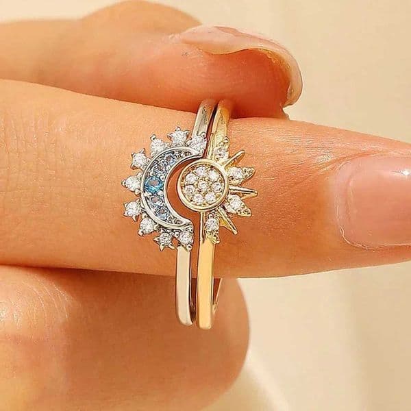 Moon and Star Ring Set Luxury Crystal Rhinestone Two in One Couple Bff Friendship Ring Jewelry for Girlfriends sisters W250102