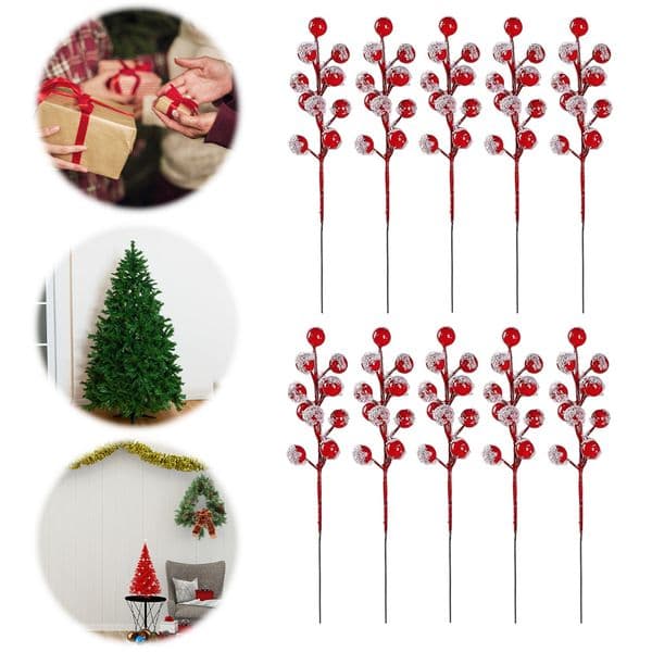 10Pcs Chritsmas Tree Pendant Christmas Artificial Berries Stem Holly Frosted Berry Picks for Xmas Tree New Year Party Home Decor