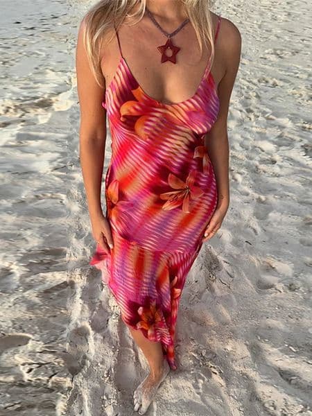 Printed Backless Womens Slip Dresses French Retro Romantic Irregular Hem Ruffles Edges Sexy Summer Y2K Suspender Long Dress 241231