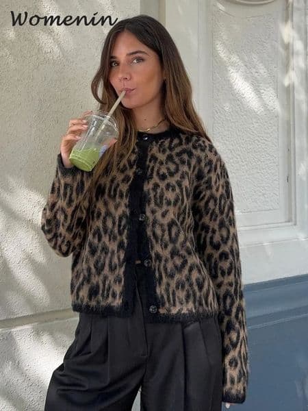 Retro leopard print Mohair womens cardigan wool sweater knitted O-neck single chest short sweater autumn womens casual streetwear 250102
