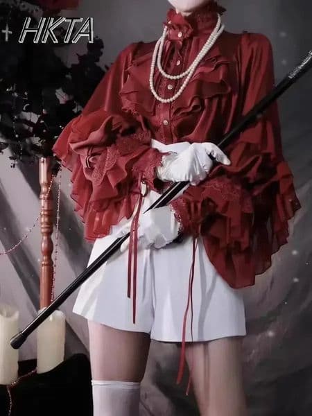 Gothic batwing shirt womens Lolita loose spring and autumn womens elegant red and black top solid color shirt 250102