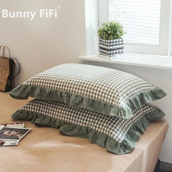 2pcs 48x74cm Washed Cotton Pillowcase Home Bedding Super Soft Plaid Pillow Cover Ruffled Pillow Case Dorm Girl Room Decoration 250103