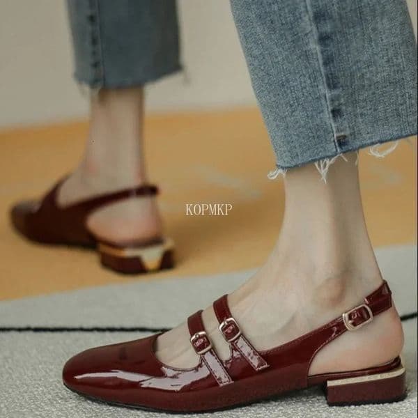 2024 Summer Women Sandals Shoes Flats Double Buckle Mary Janes Shoes Patent Leather Woman Dress Shoes Back Strap Zapatos Mujer 250102BJ