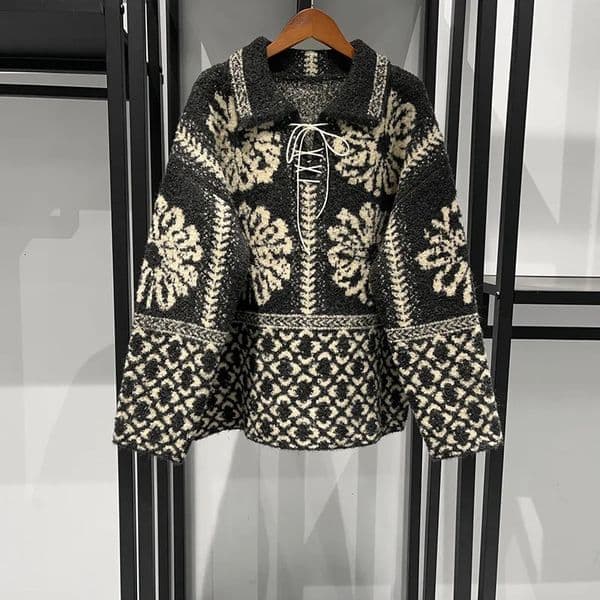 Women's Early Spring 2025 New Vintage Jacquard Loose And Lazy Fair Isle Pull-Up Lapel Sweater