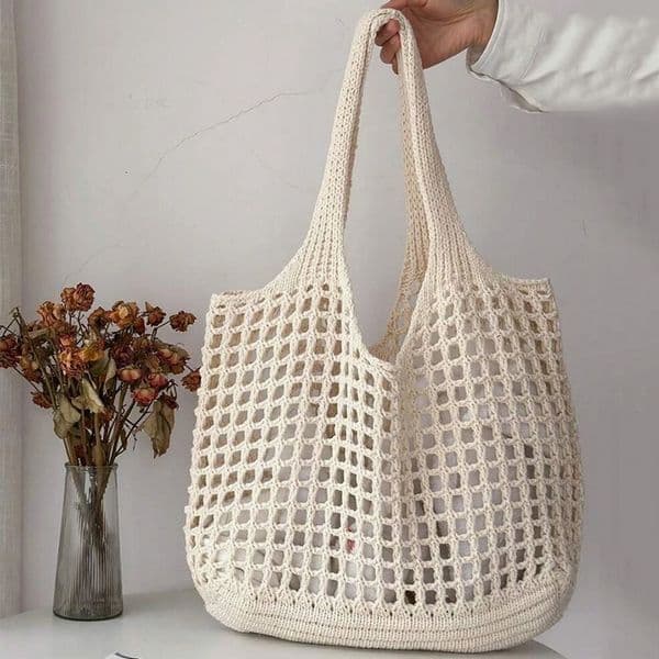 Fashion Vintage Solid Color Knitted Hollow Tote Large Capacity Shopping Shoulder Bag Crochet Handbag For Women