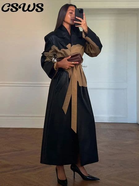 Vintage Contrast Leather Coat Women With Belt Single Breasted Lapel Female Coats 2024 Autumn Patchwork Loose Split Lady Outwear 241224