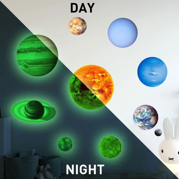 Green Starry Night Light Moon Nine Planet Solar System Fluorescent Light rens Room Self Adhesive Waterproof Wall Stickers 250102BJ