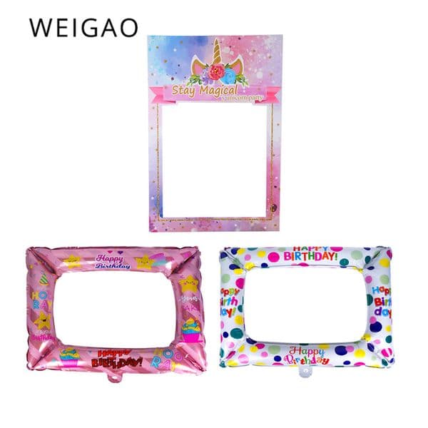 WEIGAO Unicorn Photo Booth Frame Happy Birthday Party Foil Balloons Photobooth Props Decoration Kids Baby Shower Unicorn Party