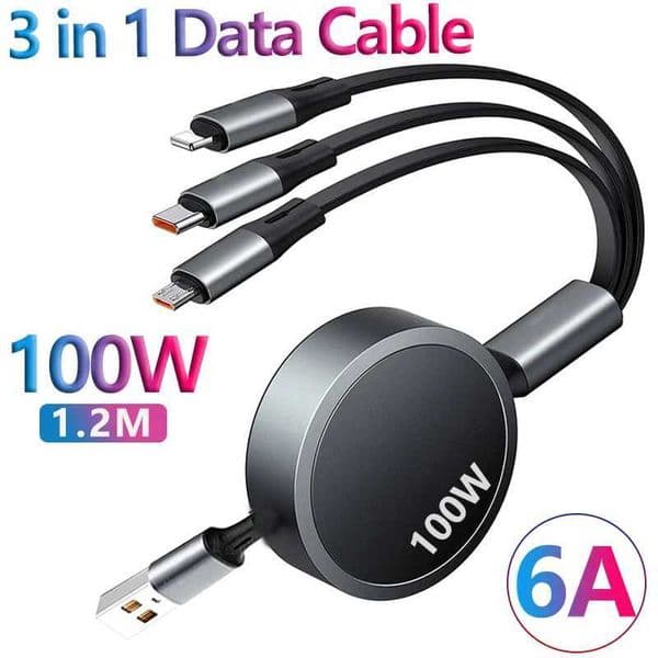 3 in 1 Retractable USB C 6A 100W USB Fast Charger for 13 14 12 11 Pro X Max Type C/Micro Fast Charger forXJ250103