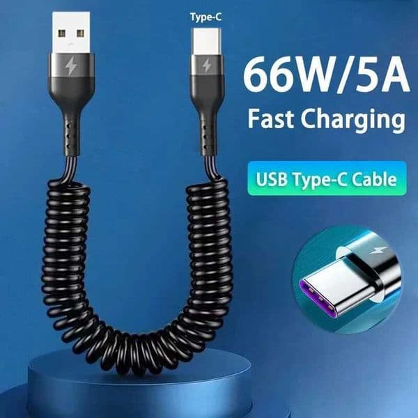 USB Type C 66W Car 5A Fast Charging Type C to Type C Spring Telescopic Cable For 15 Redmi OnePlusXJ250103
