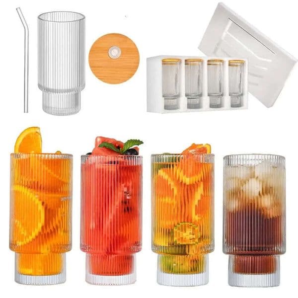 Ribbed Glassware 11Oz Vintage Glasses Stackable Highball Origami Style Glass Cup Romantic Water Drinking Cups Beverage Juicebeer Tail Set Of 4 I0811