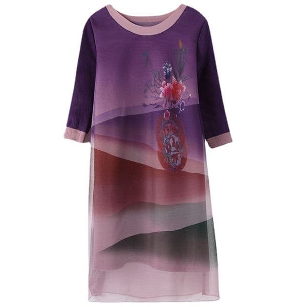 (143) Pleated dress Spring and Summer Miyake contrast color outer mesh scenery phantom dress
